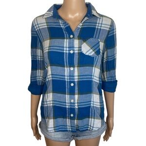 American Eagle Blue Green Plaid Button Down Long Sleeve Shirt